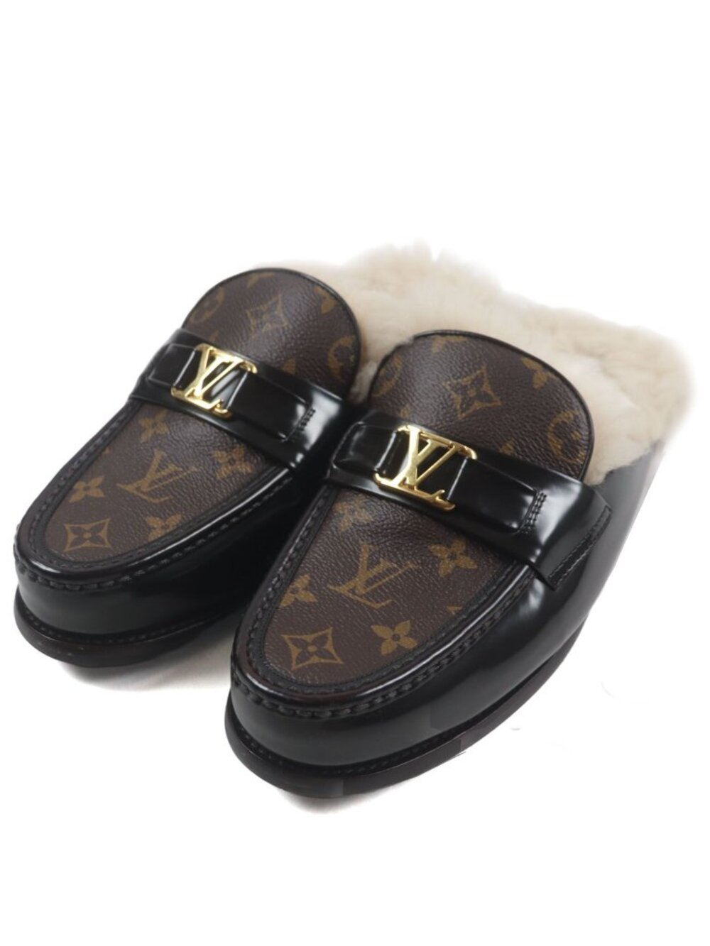 Louis Vuitton Major Line Leather LV Logo Monogram Fur Sandals 7